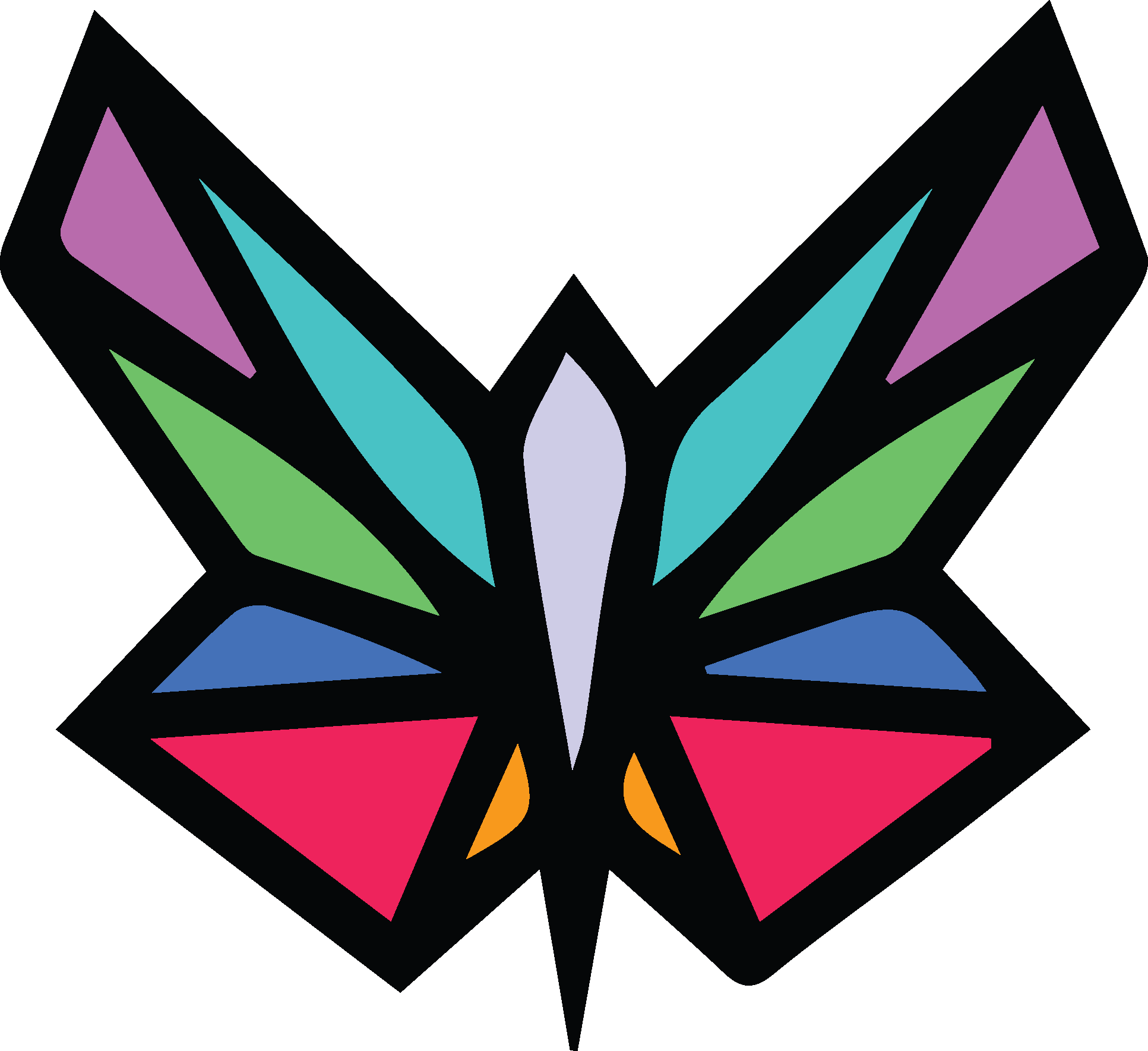 The logo of standout glass in Dallas, Texas, a dallas stained glass and repair company / service. The images has a transparent background. There's a butterfly looking stained glass window with a black frame. The panes are very colorful.